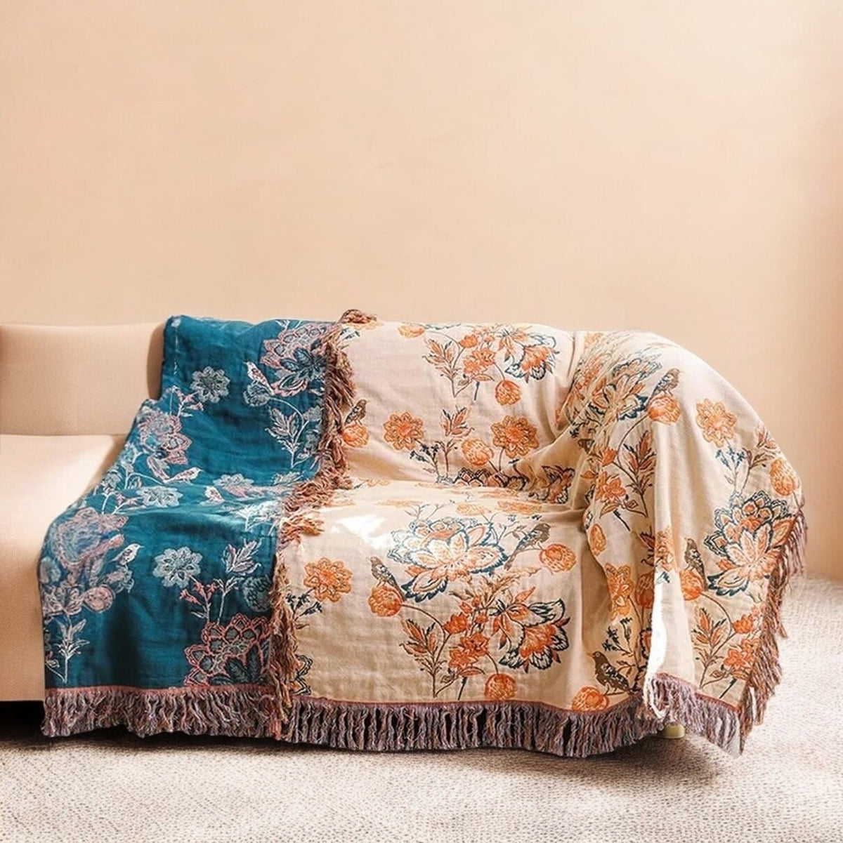 NEW Anthropologie Boho Floral Orange Teal Queen / King Blanket Bedspread