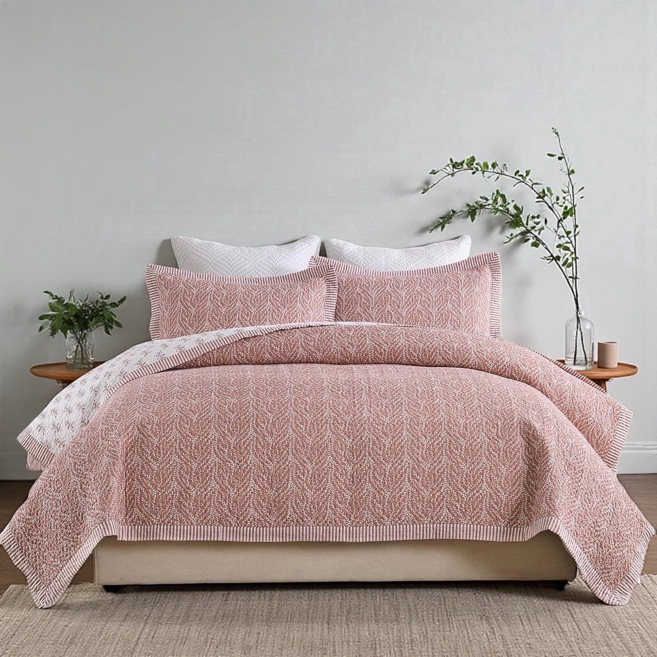 NEW West Elm Blush Botanical Pattern Cotton Queen King Bedding Quilt & Sham Set