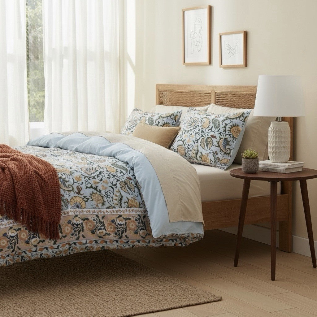 NEW Anthropologie Blue Floral Boho Cotton Queen / King Bedding Duvet & Sham Set