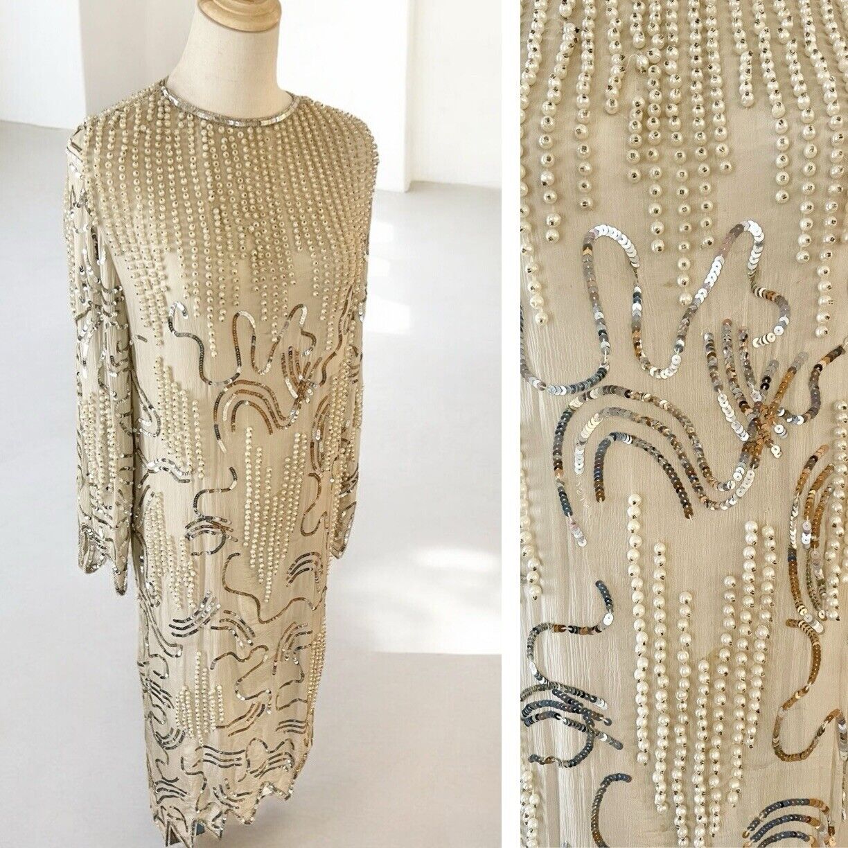 Vintage Carolina Herrera Cream Chiffon Pearl & Sequin Tunic Dress - Size Small