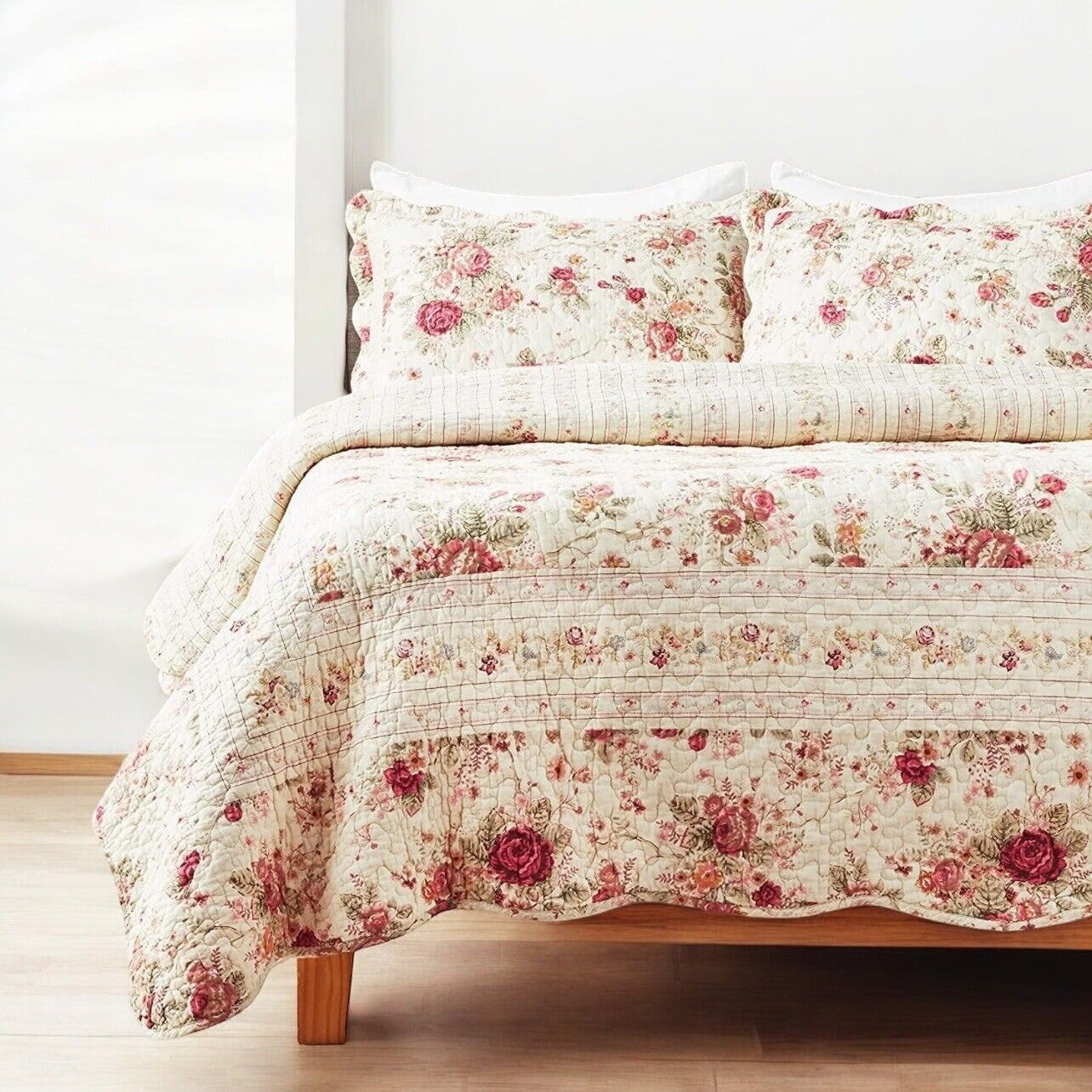 NEW Anthropologie White Red Floral Cream King Quilt Bedspread Bedding Sham Set