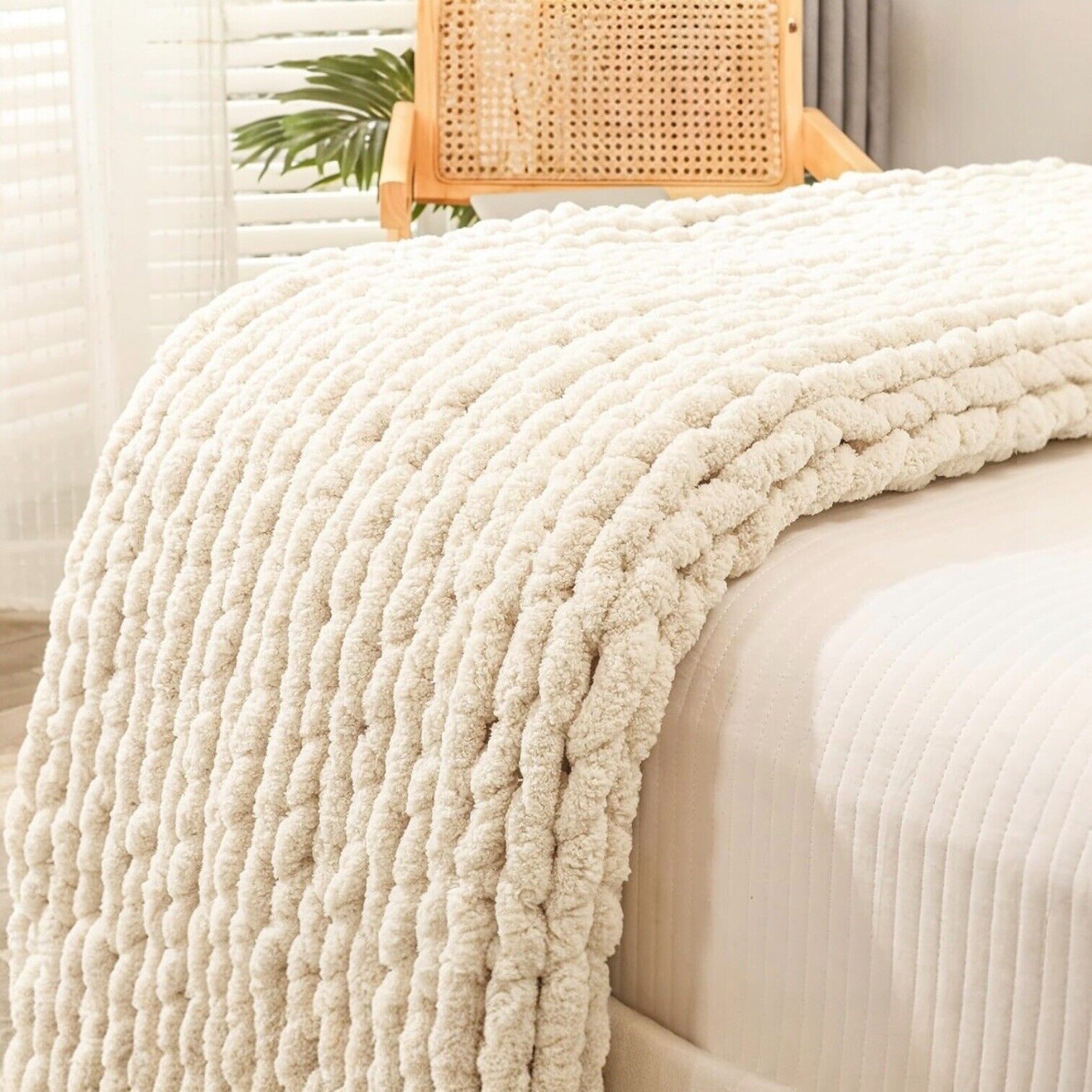 NEW West Elm Boho Chunky White Cable Knit Throw Blanket Bedding - 60" x 40"