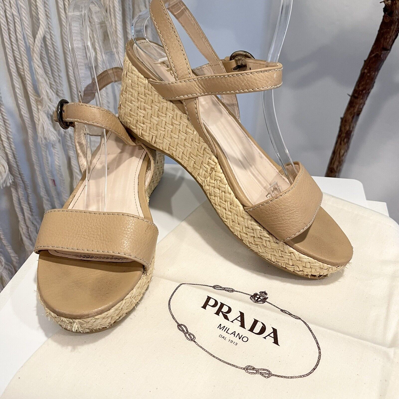 Prada Nude Leather Platform Espadrille Sandals Shoes Wedges | Size 39 / 8.5