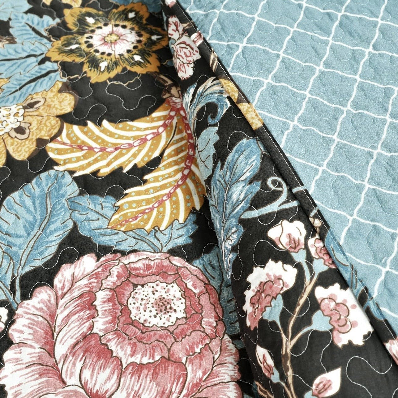 NEW Anthro Cotton Floral Reversible Boho Queen / King Bedding Quilt & Sham Set