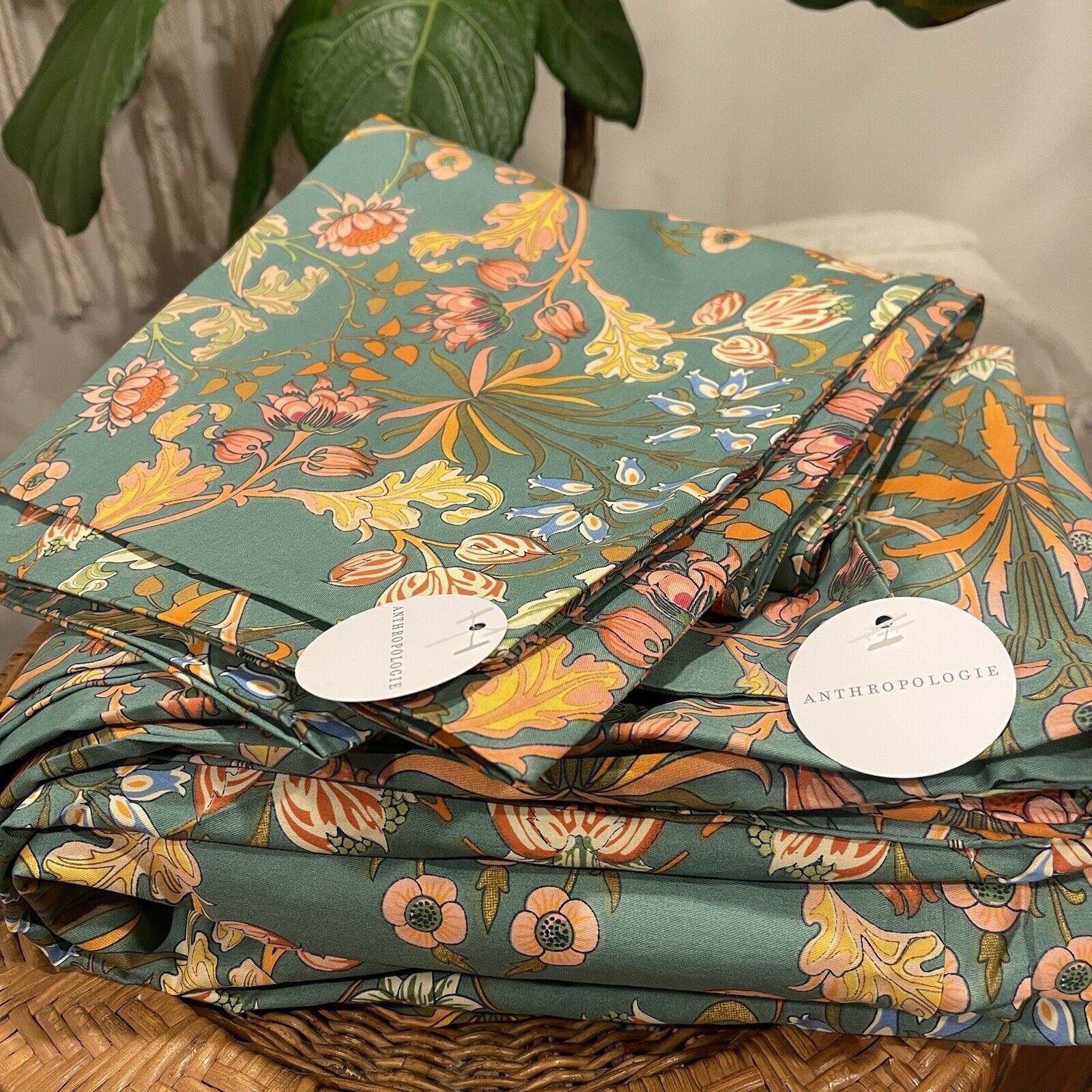 NEW Anthropologie Blue Orange Boho King Size Bedding Duvet Floral Sham Case Set