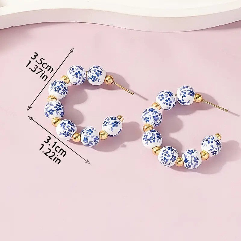 NEW Anthropologie Blue Ceramic & Gold Plated Boho Beaded Hoop Earrings Jewelry