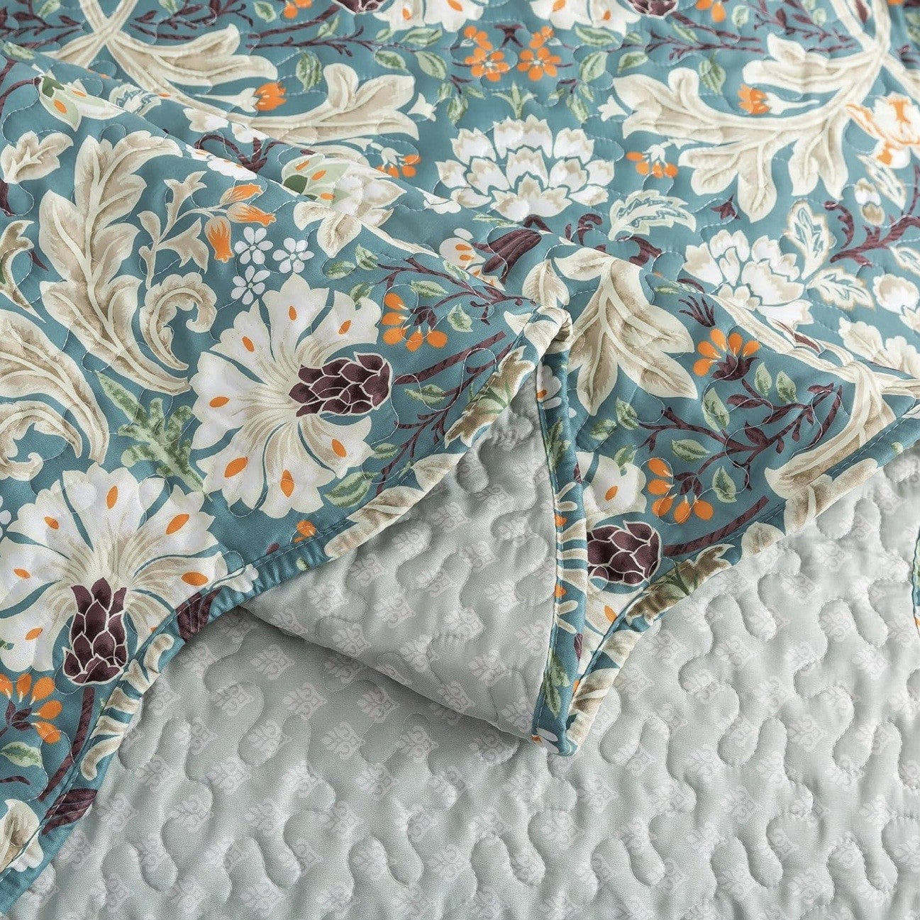 NEW Anthro Teal Floral Reversible Paisley Queen / King Bedding Quilt & Sham Set