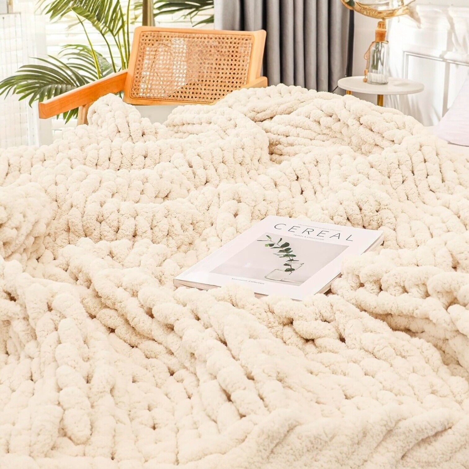 NEW West Elm Boho Chunky White Cable Knit Throw Blanket Bedding - 60" x 40"