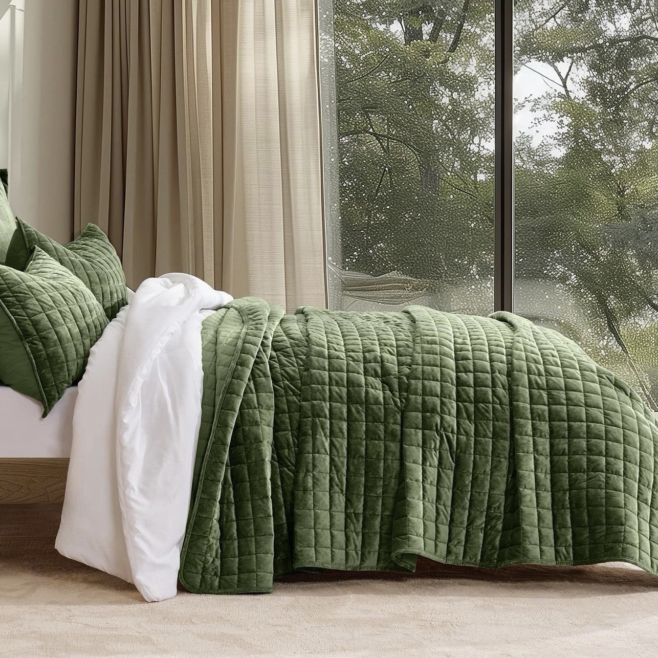 NEW West Elm Green Velvet Luxury Queen / King Size Bedding Comforter & Sham Set