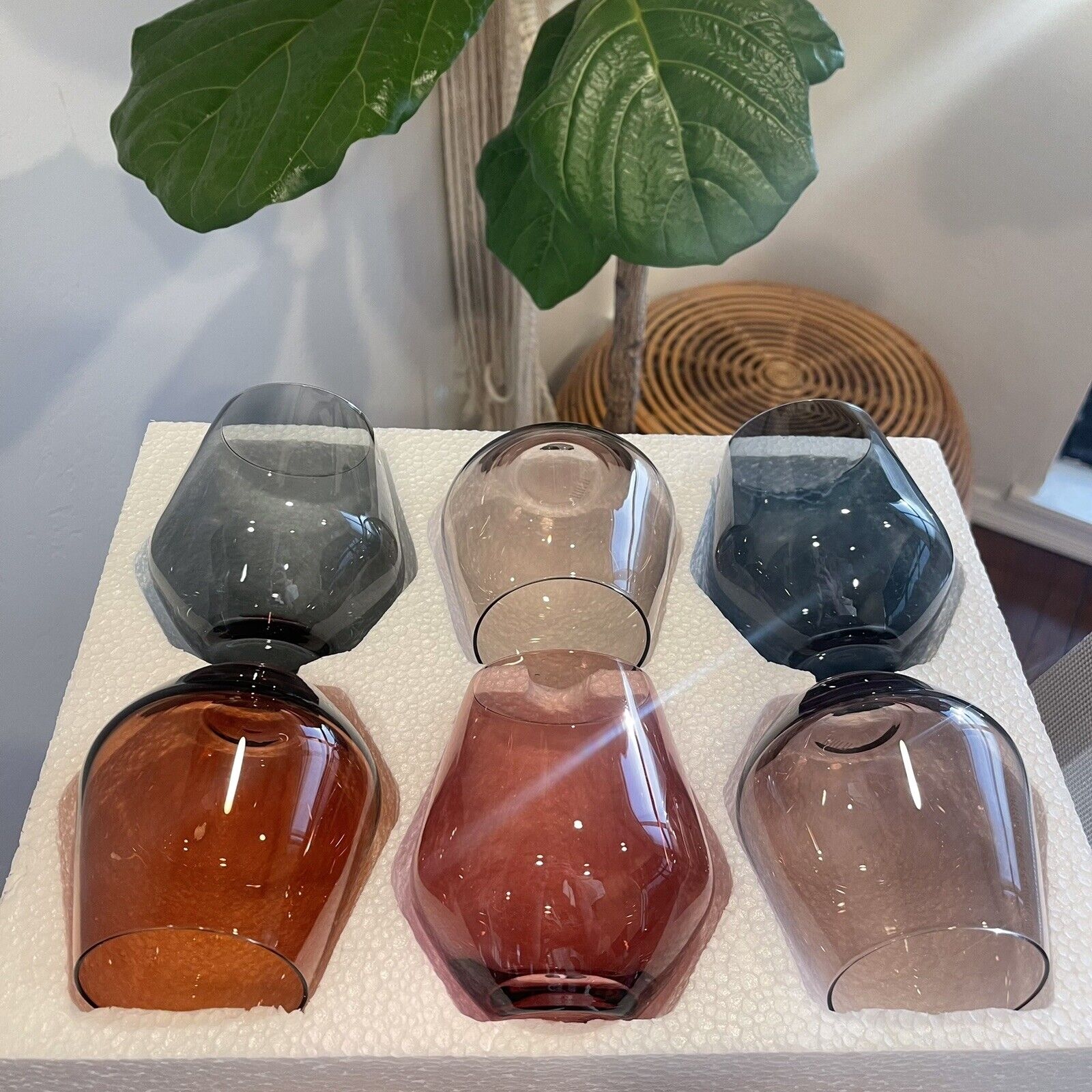 NEW West Elm (Set of 6) Colorful Stemless Crystal Wine Glass Drink Ware Bar Set