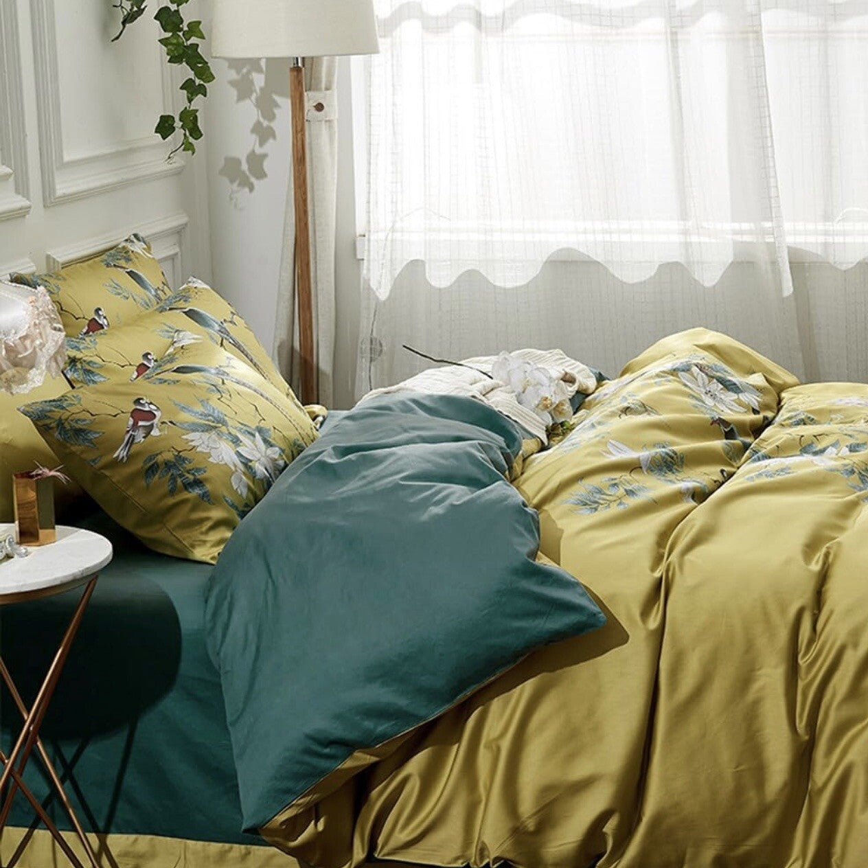 NEW Anthropologie Yellow Boho King Bird Cotton Bedding Duvet & Floral Sham Set