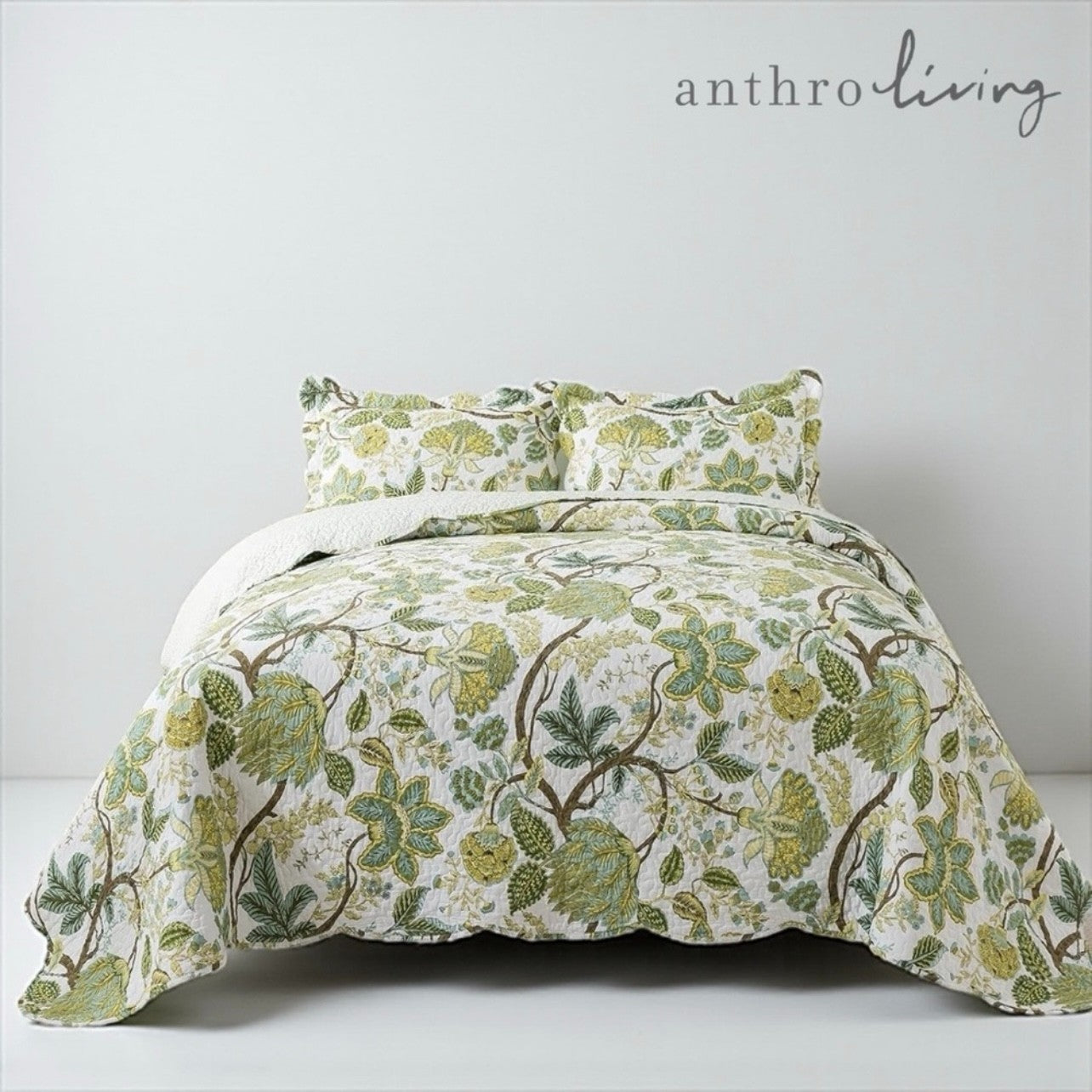 NEW Anthro Green Floral 100% Cotton Boho Quilt Bedding Bedspread Duvet Sham Set