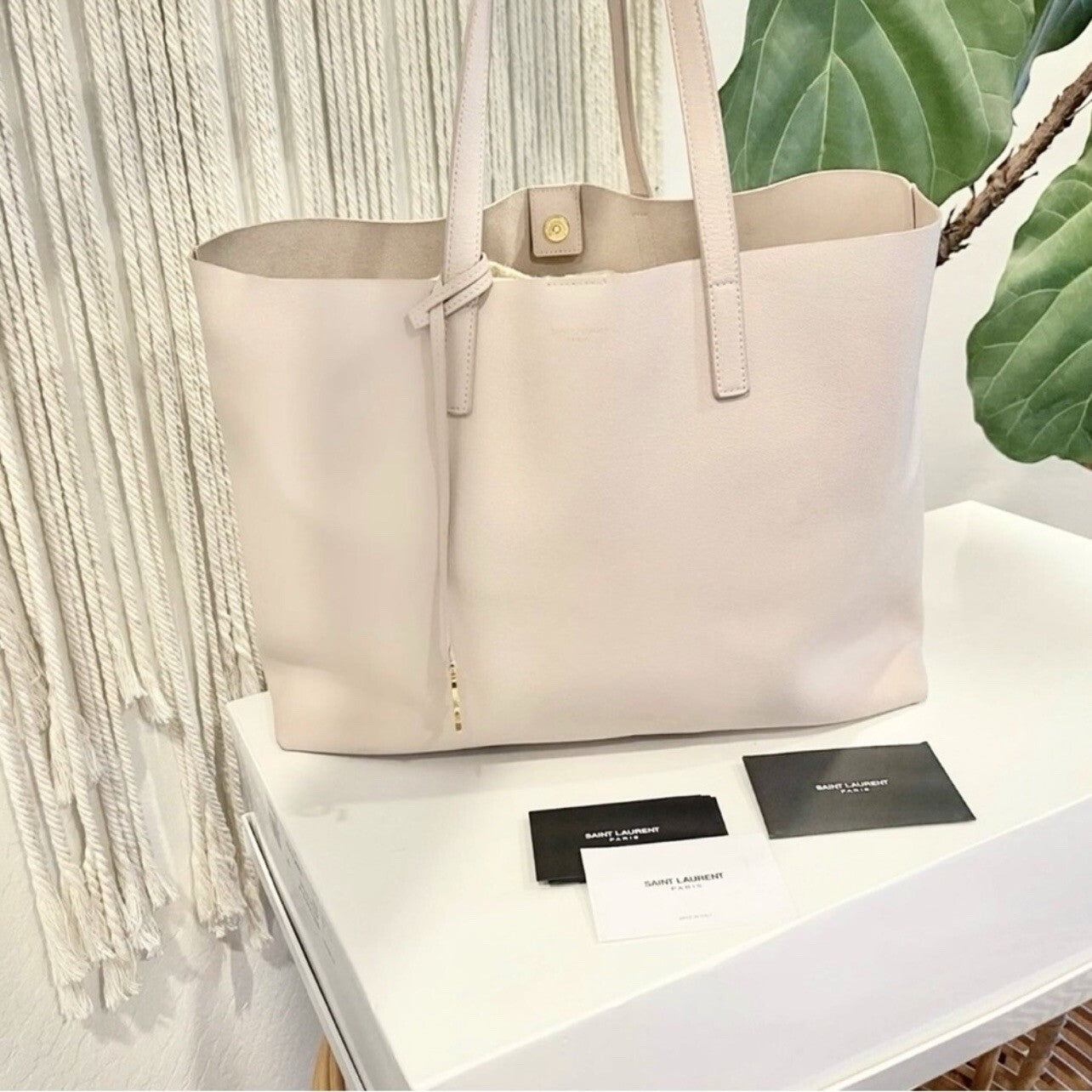 YSL / Yves Saint Laurent Beige Pink Gold Leather Shopping Tote Bag Purse - Large