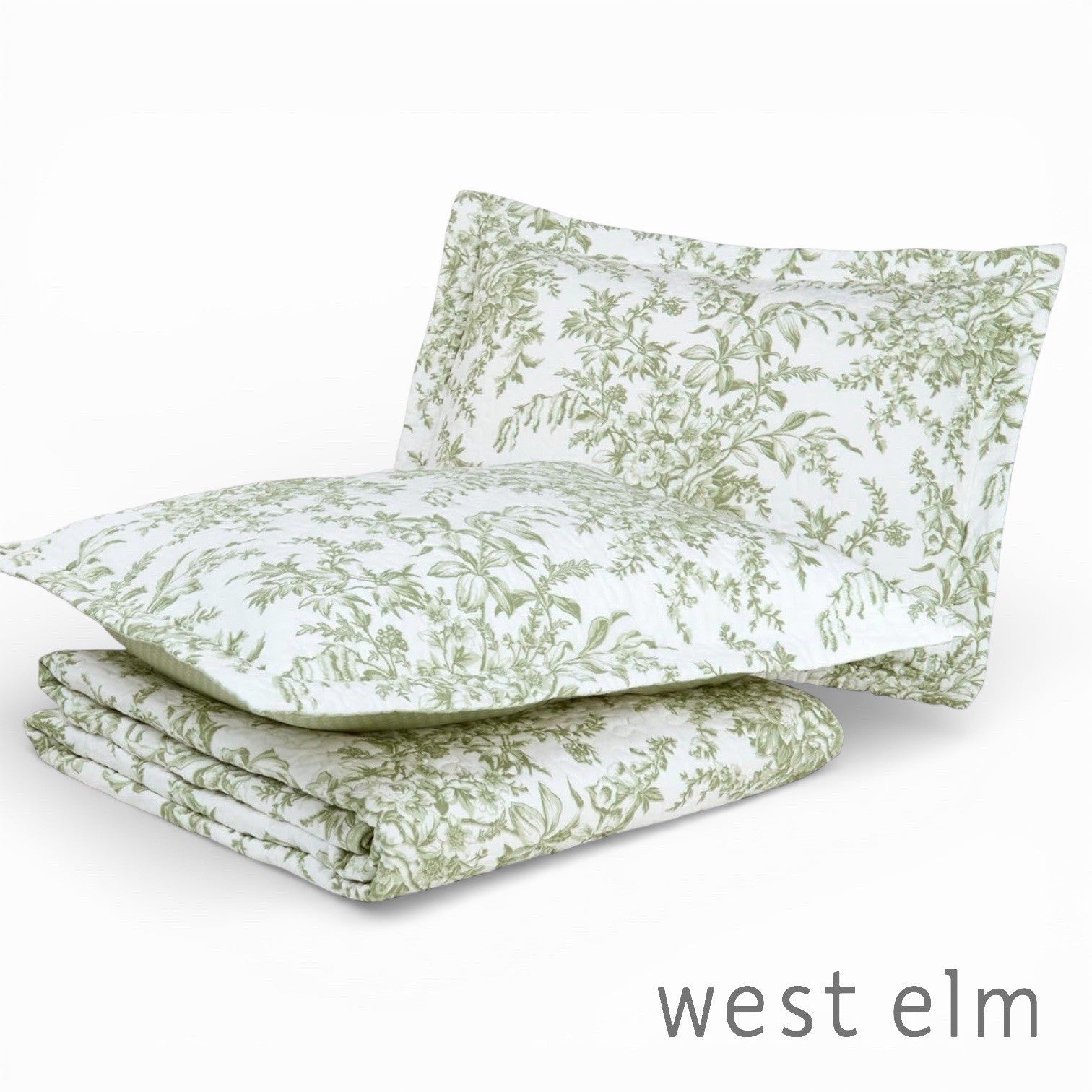 NEW West Elm Green White Floral Retro Cotton Queen King Bedding Quilt & Sham Set