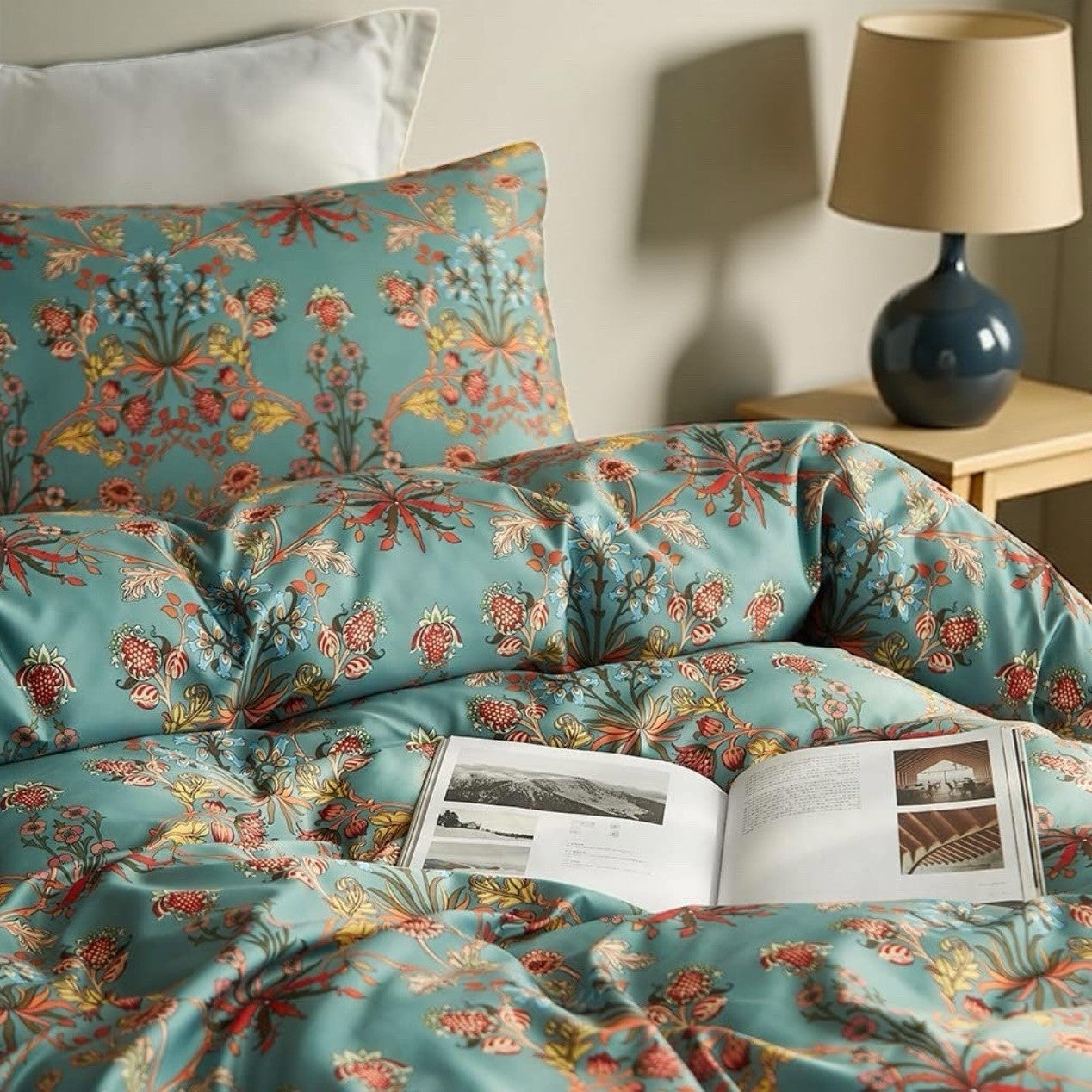 NEW Anthro Blue Orange Boho Floral Queen / King Bedding Duvet & Sham Case Set