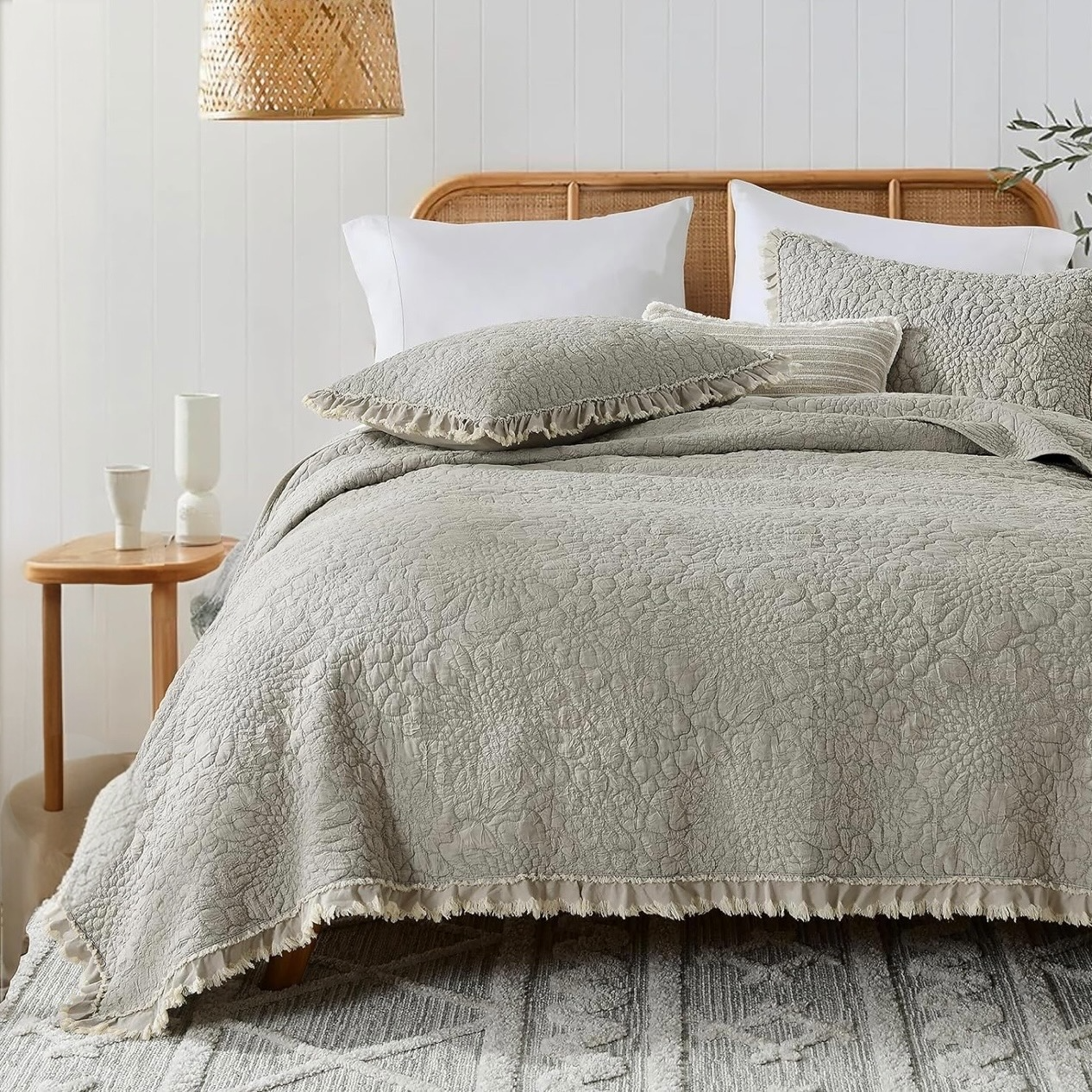 NEW Anthro Gray Beige Boho Ruffle Crinkle Queen / King Bedding Quilt & Sham Set