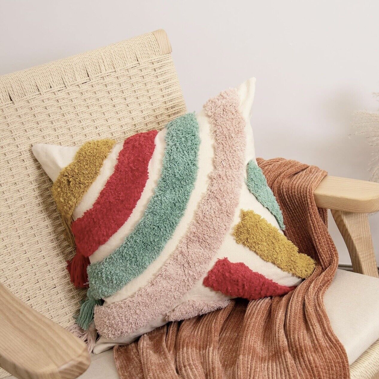 NEW Anthropologie Boho Tassel Rainbow Pom Pom Throw Pillow Case Sham - 18" x 18"