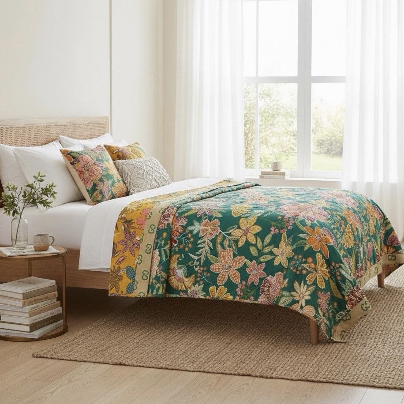 NEW Anthro Boho Teal Floral Reversible Queen Blanket Bedspread Quilt 80" x 90"