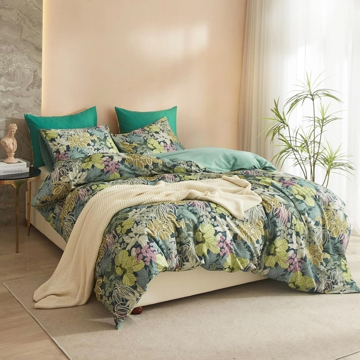 NEW Anthro Green Botanical Print Boho Queen King Size Bedding Duvet & Sham Set