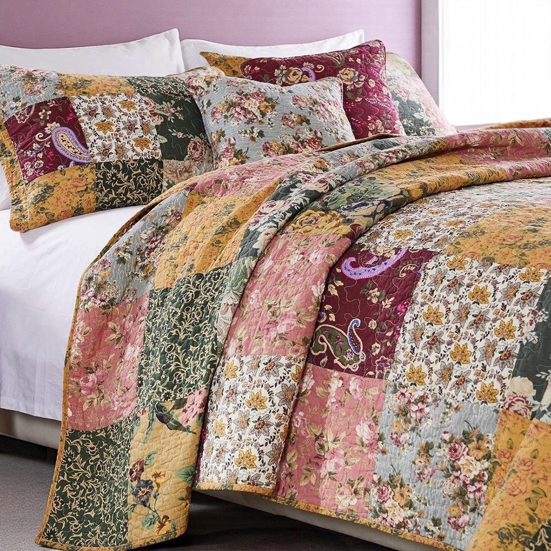 NEW Anthro Cotton Floral Reversible Patchwork Queen King Bedding Quilt Sham Set
