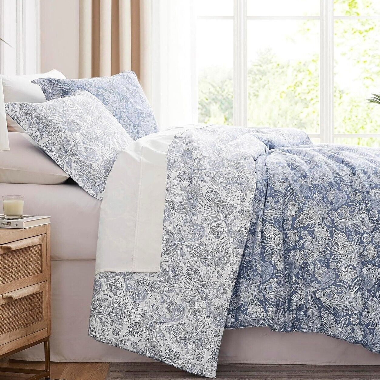 NEW West Elm Blue Paisley Reversible Print Bedding Duvet & Sham Case King Queen