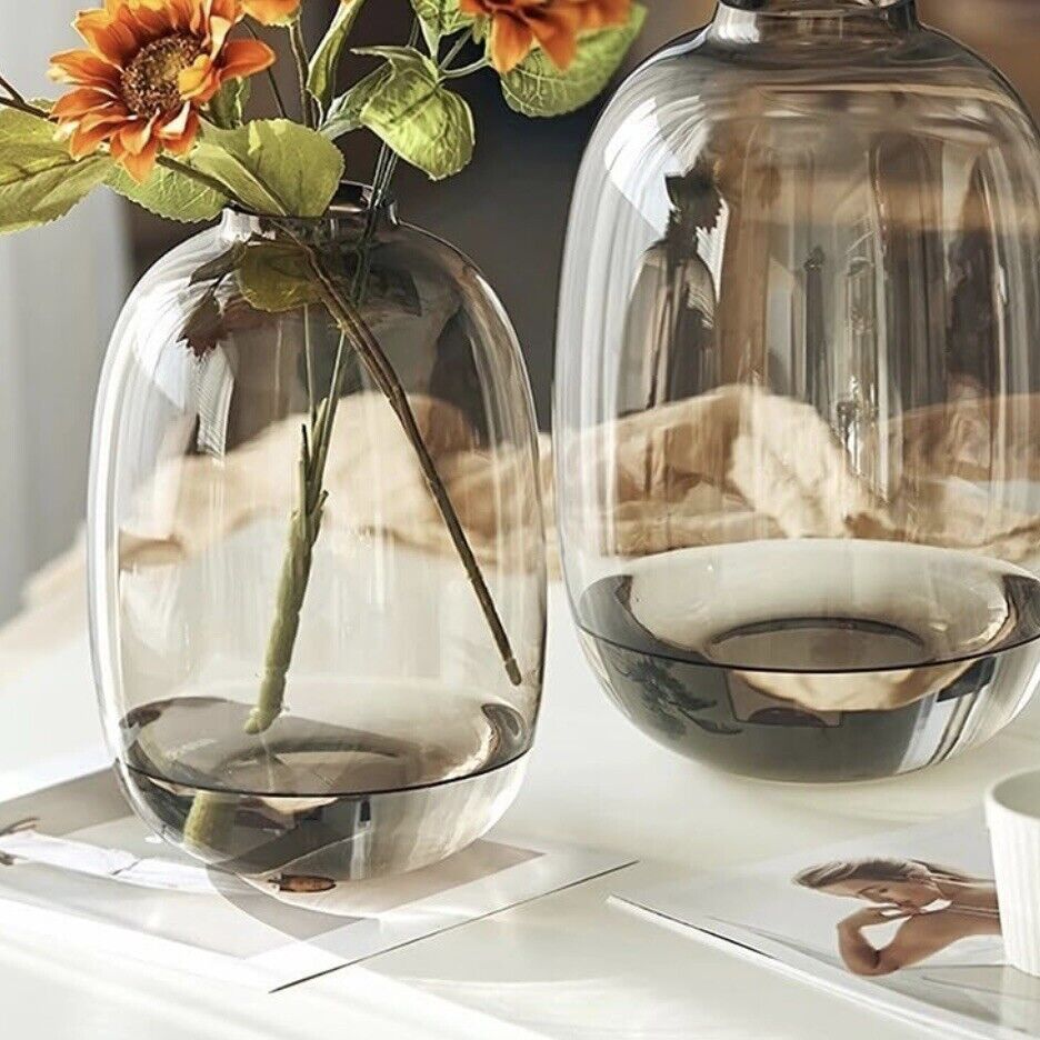 NEW West Elm XL Boho Brown Smoke Glass Oval Branch Flower Vase Home Décor - 10”