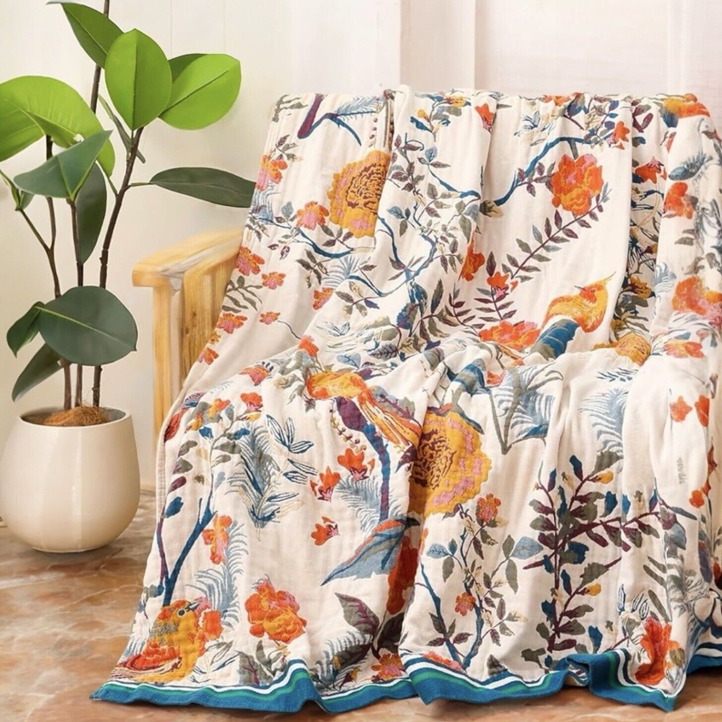 NEW XL Anthropologie Boho Queen Floral Throw Blanket Bedspread Quilt - 80" x 90"