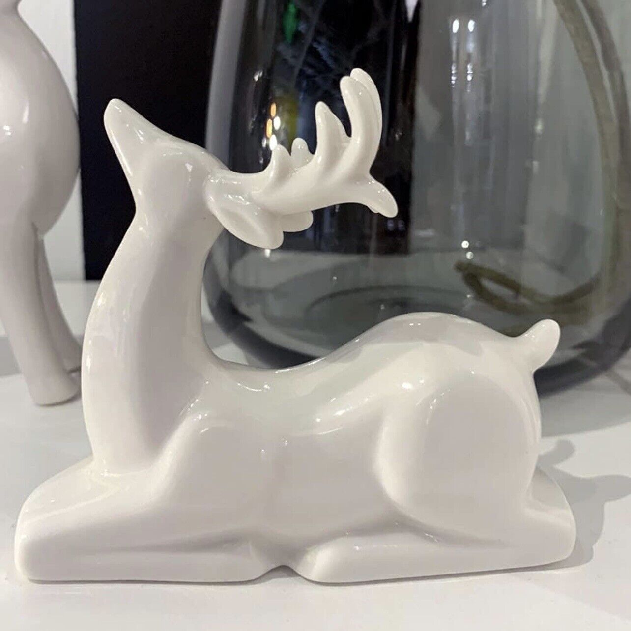 NEW Pottery Barn Modern White Ceramic Deer Holiday Christmas Figurines Set of 2