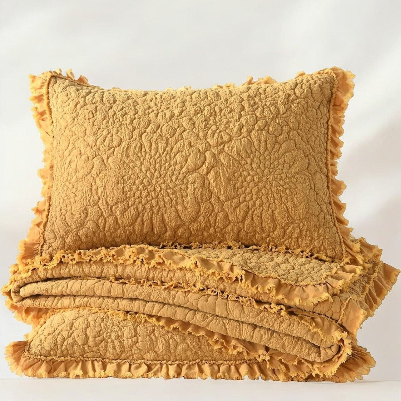 NEW Anthro Orange Yellow Ruffle Crinkled Queen / King Bedding Quilt & Sham Case