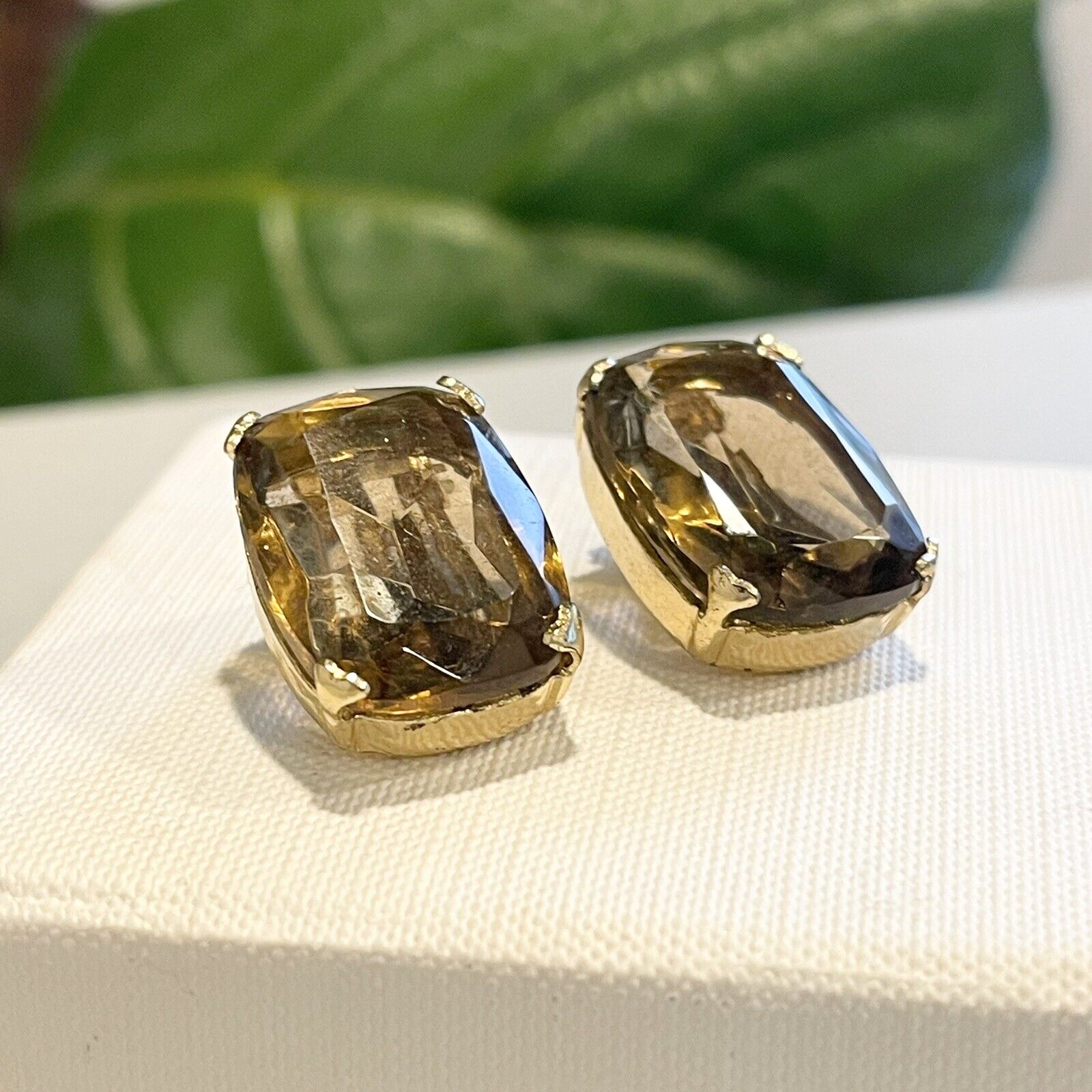 Vintage Citrine & Gold Large Cushion Cut Stone Clip-on Earrings Luxury Jewelry