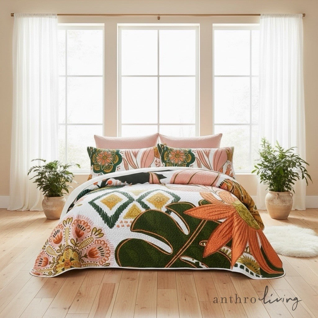 NEW Anthropologie King Floral Boho Reversible Quilt Bedspread Blanket Sham Set