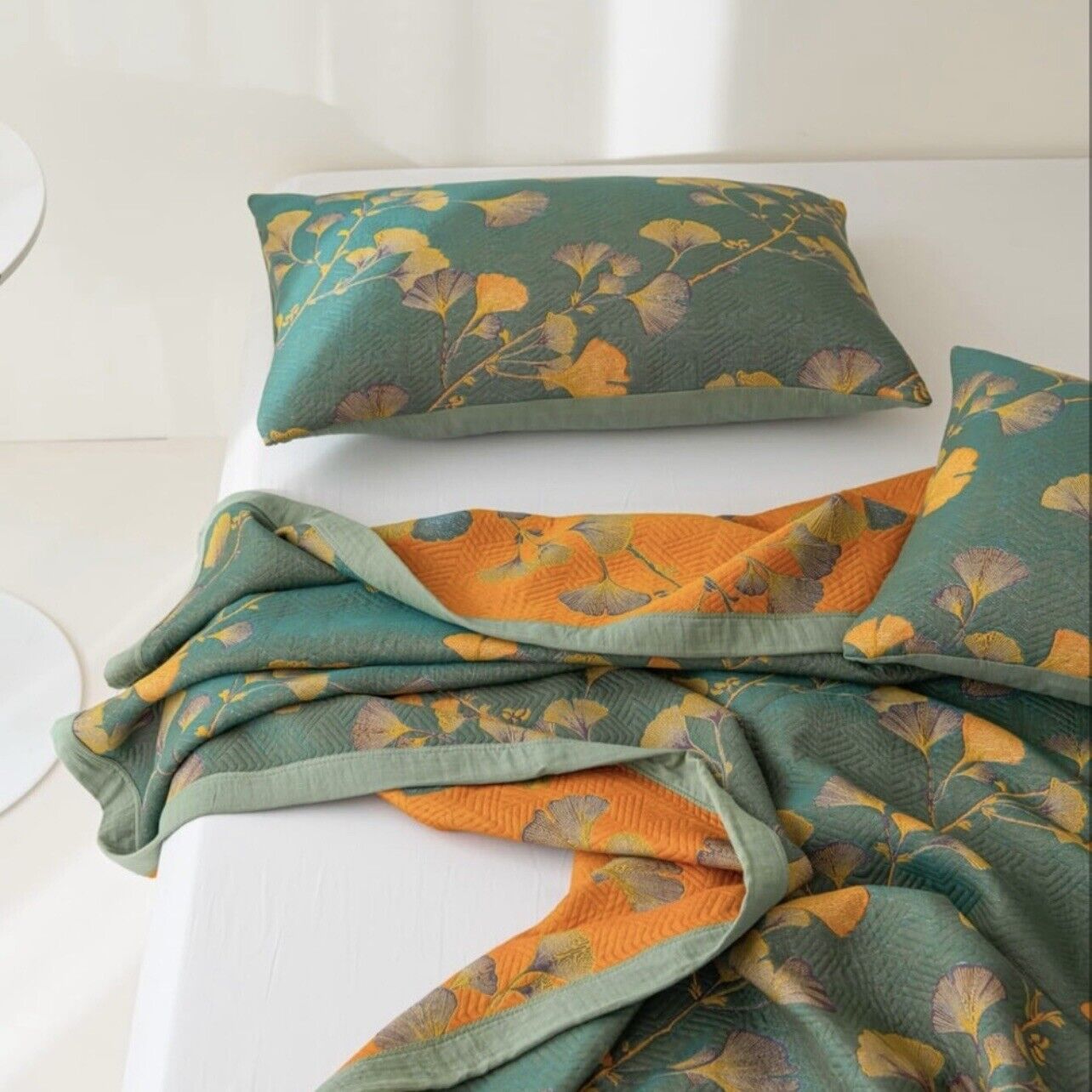 NEW Anthropologie Teal Orange Reversible King Size Bedspread Blanket Sham Set