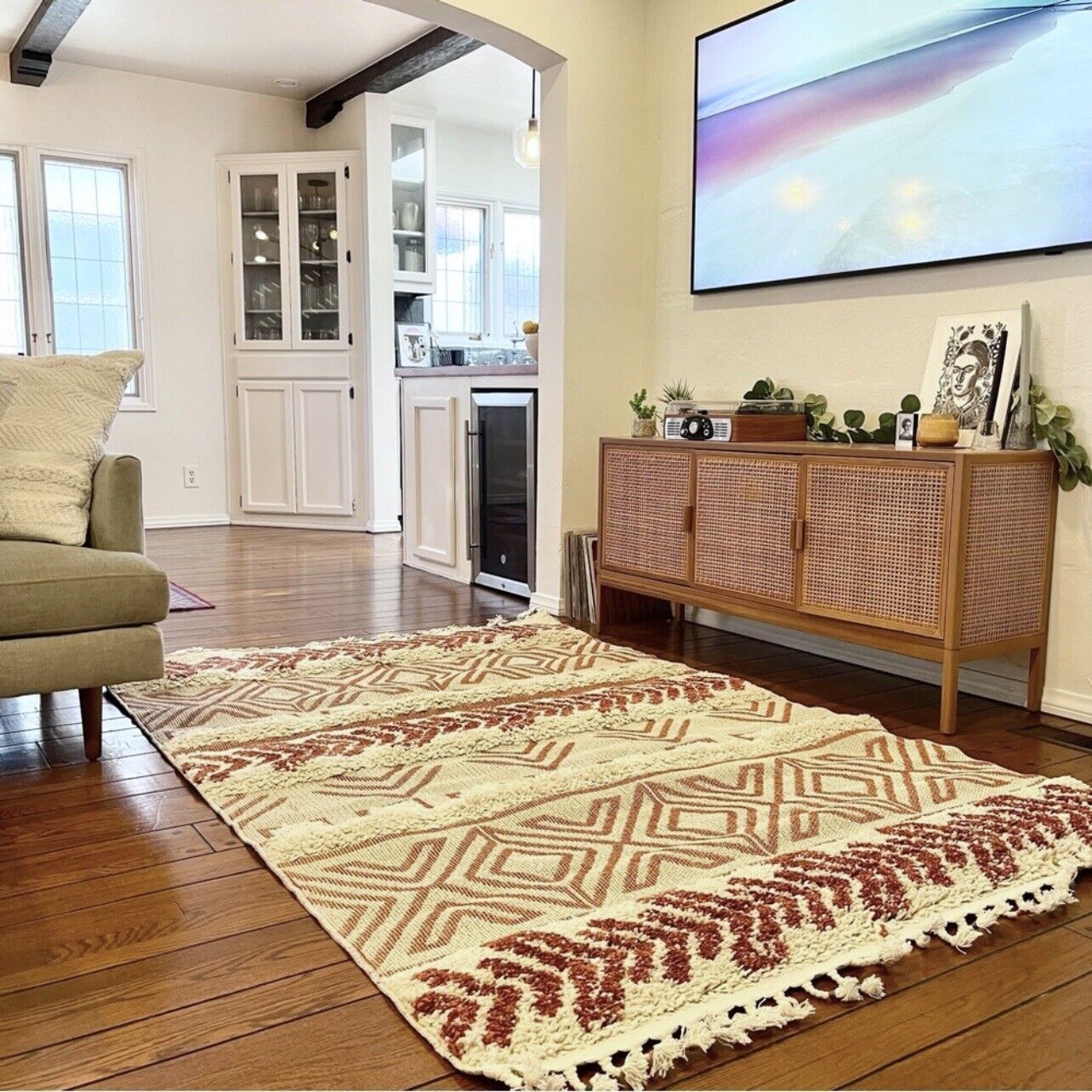 NEW Anthropologie White Red Boho Tassel Geometric Shag Area Rug Carpet - 5' x 7'