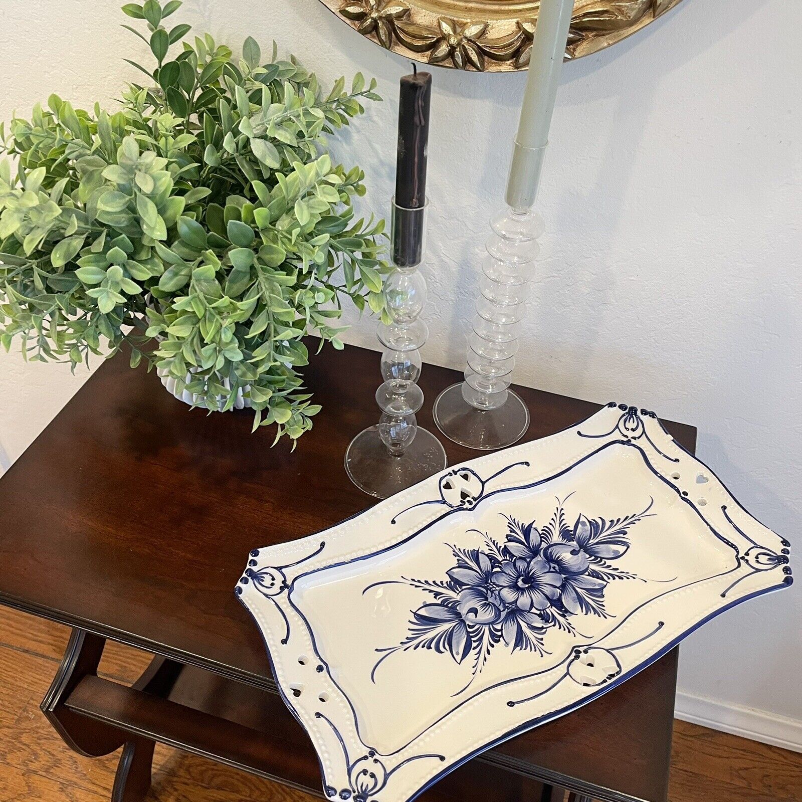 Vintage RCCL Blue & White  Portuguese Floral Painted Ceramic Serving Tray Dish