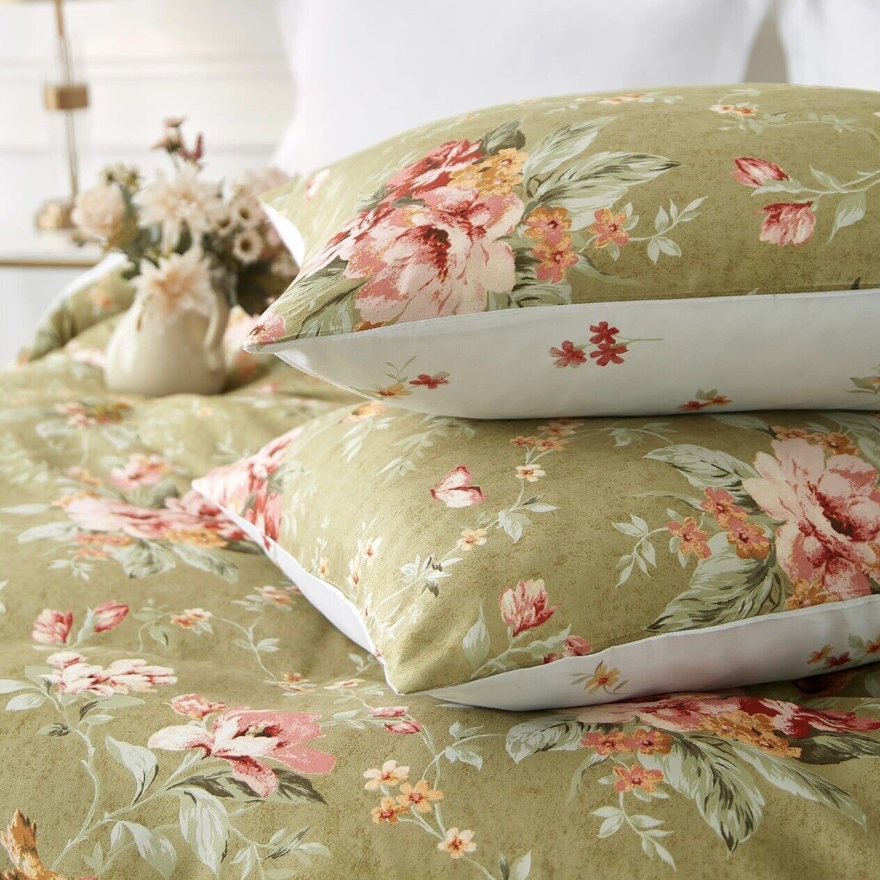 NEW Anthropologie Green Boho Queen Size Reversible Floral Bedding Duvet Sham Set