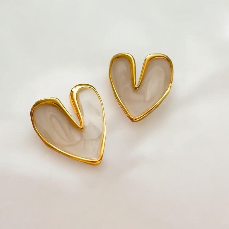 NEW Anthropologie White & Gold Plated Boho Heart Stud Abstract Earrings Jewelry