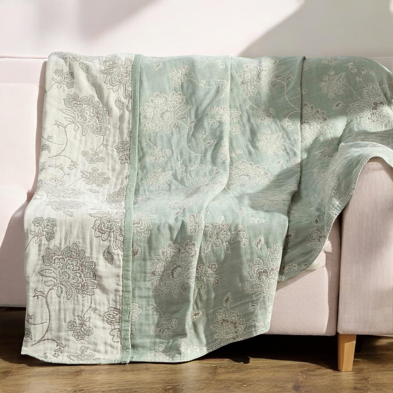 NEW Anthro Boho Floral Muslin Green Reversible Throw Blanket - 90" x 80"