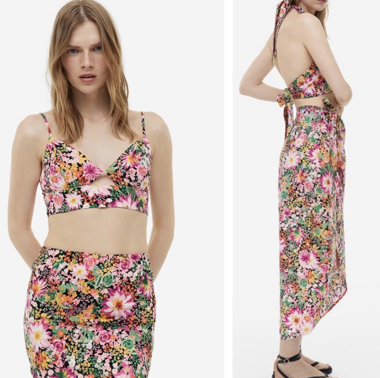 NEW Free People Boho Floral Stretch Crop Top & Midi Wrap Skirt Set - Size Medium