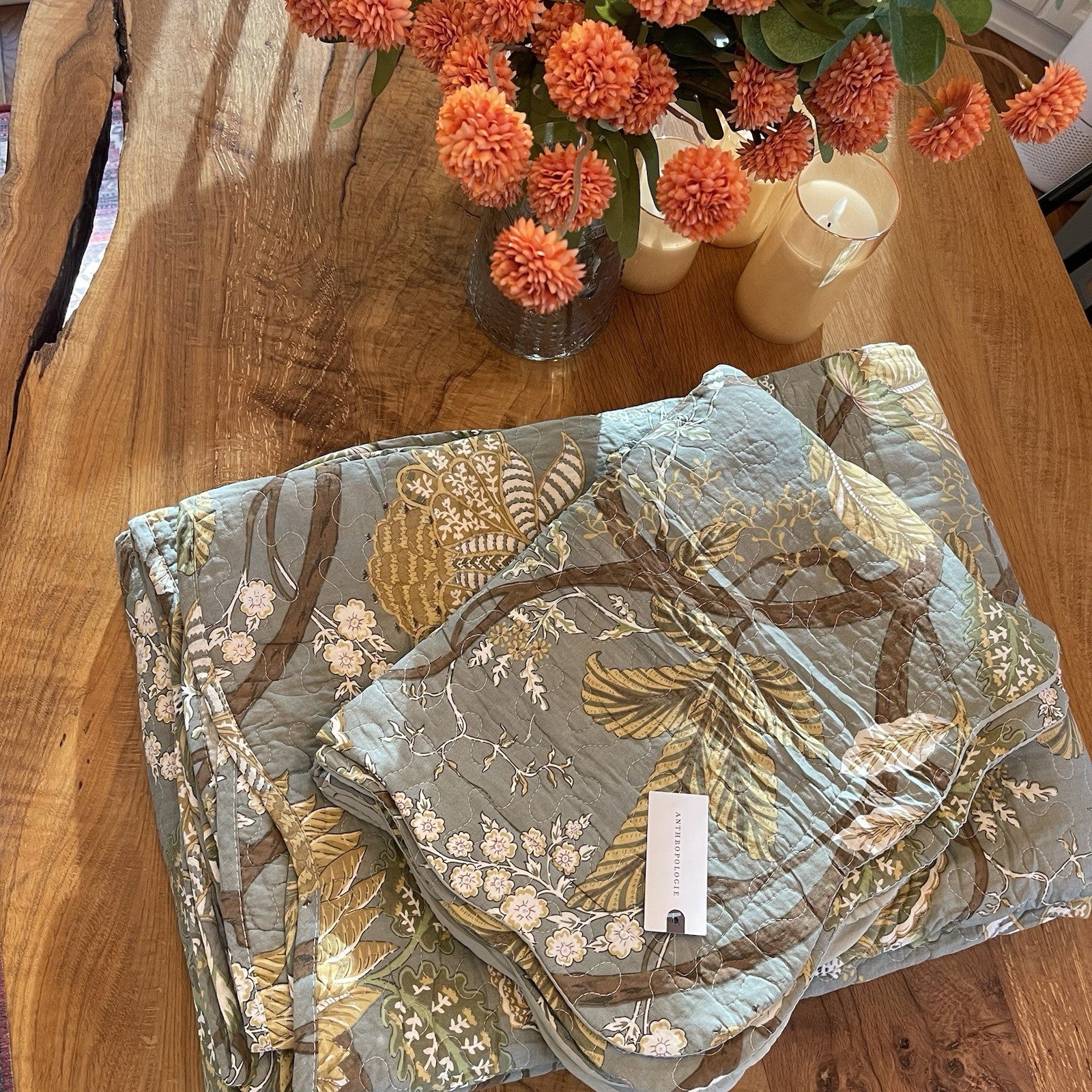 NEW Anthro Green Floral Reversible Queen / King Boho Bedding Quilt & Sham Case