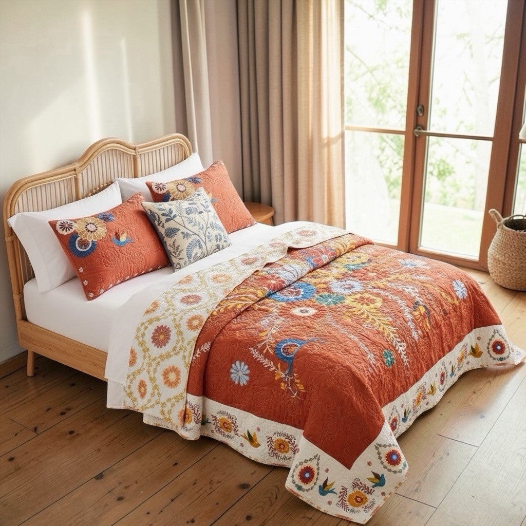 NEW Anthropologie Queen / King Reversible Boho Quilt Bedspread Bedding Sham Set
