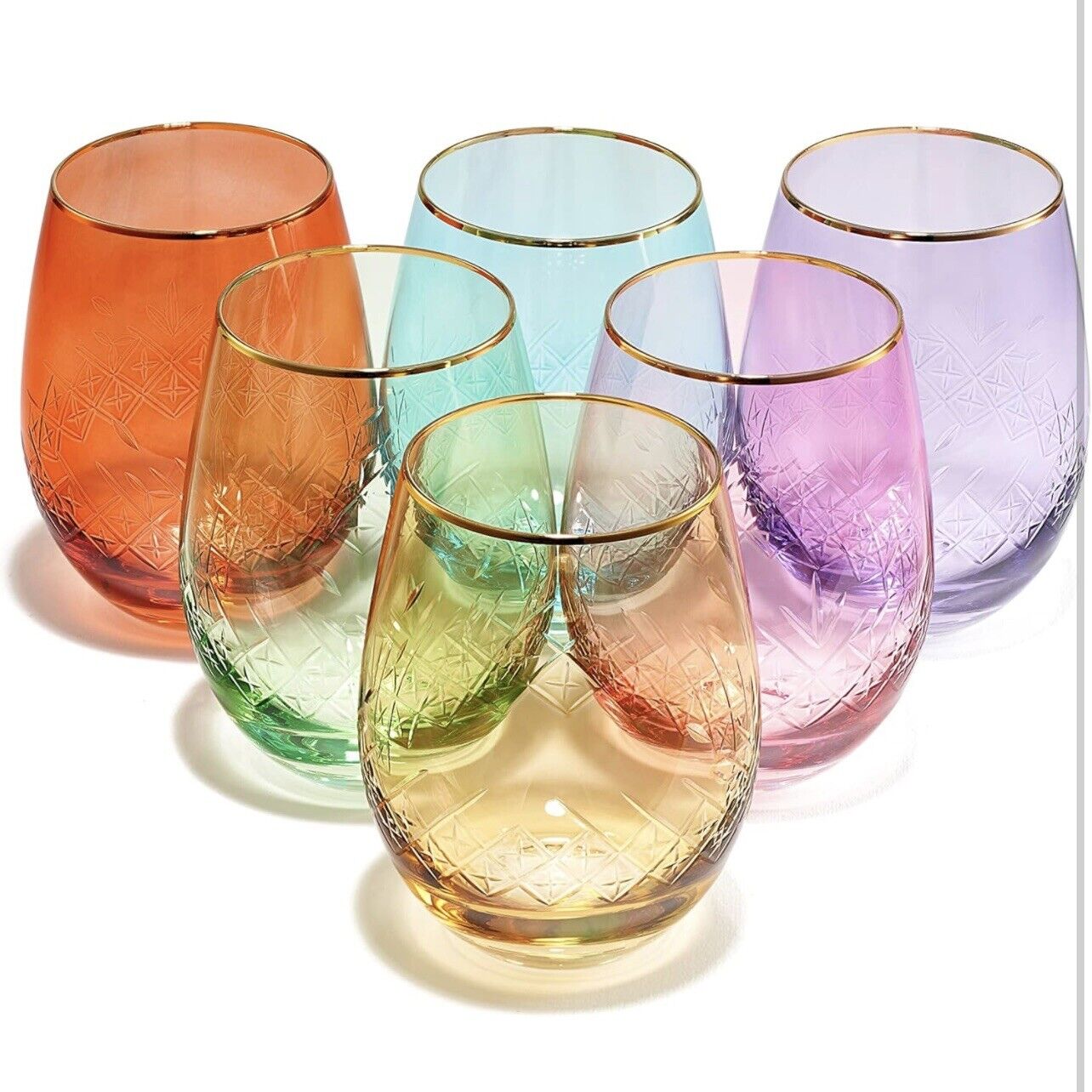 NEW Anthropologie Set / 6 Vintage Art Deco Etched Stemless Wine Glasses Barware