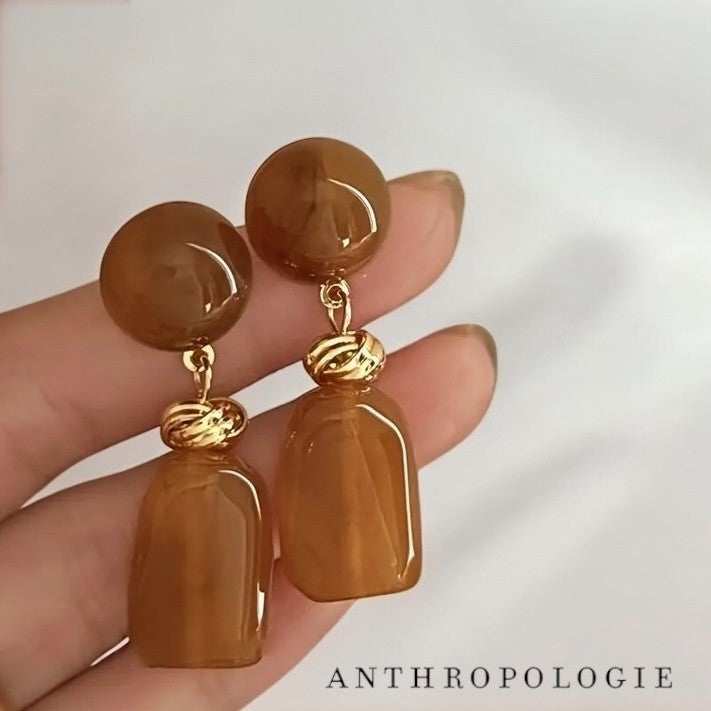 NEW Anthropologie Brown Resin & Gold Plated Chunky Boho Dangle Earrings Jewelry