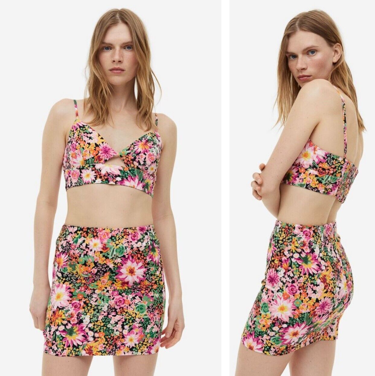 NEW Free People Boho Floral Stretch Crop Top & Mini Skirt Set - Size Medium