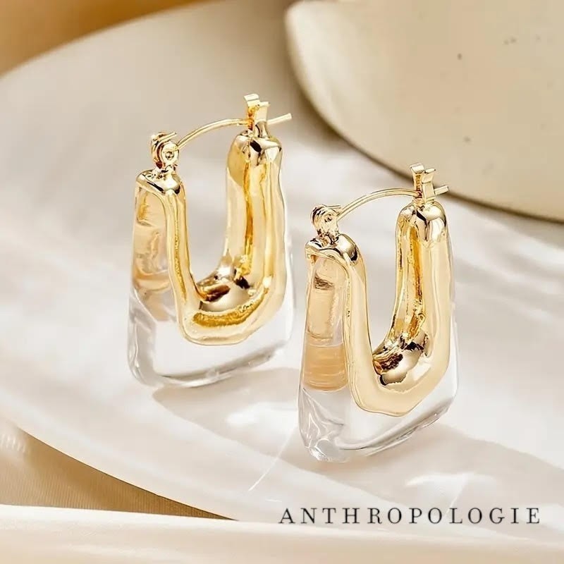 NEW Anthropologie Clear Resin & Gold Plated Chunky Hoop Dangle Earrings Jewelry