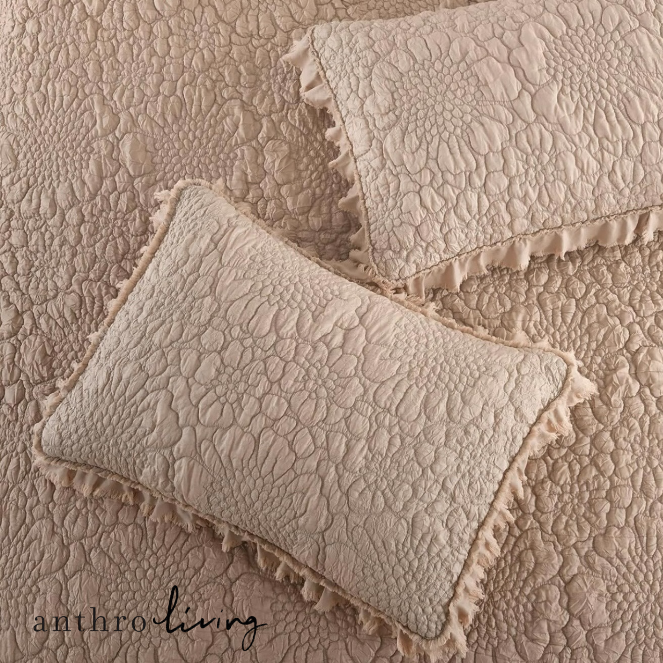 NEW Anthro Dusty Pink Boho Ruffle Crinkle Queen / King Bedding Quilt & Sham Set