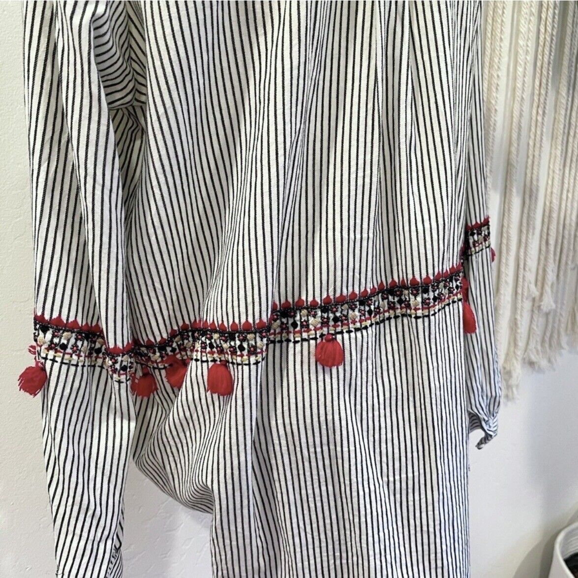 Free People / Derhy Boho Tassel Striped Button-up Blouse Shirt Top | Large / 10