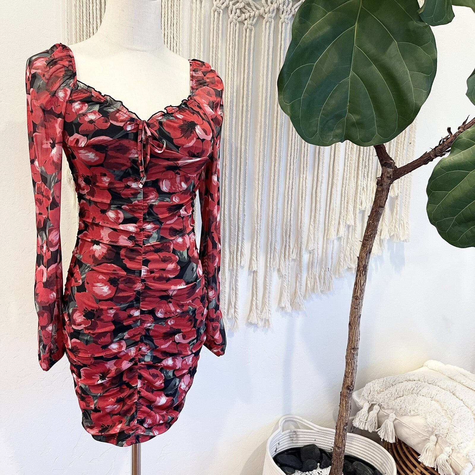 NEW Anthropologie Red Floral Mesh Mini Slip Sundress / Mini Dress - Small / XS