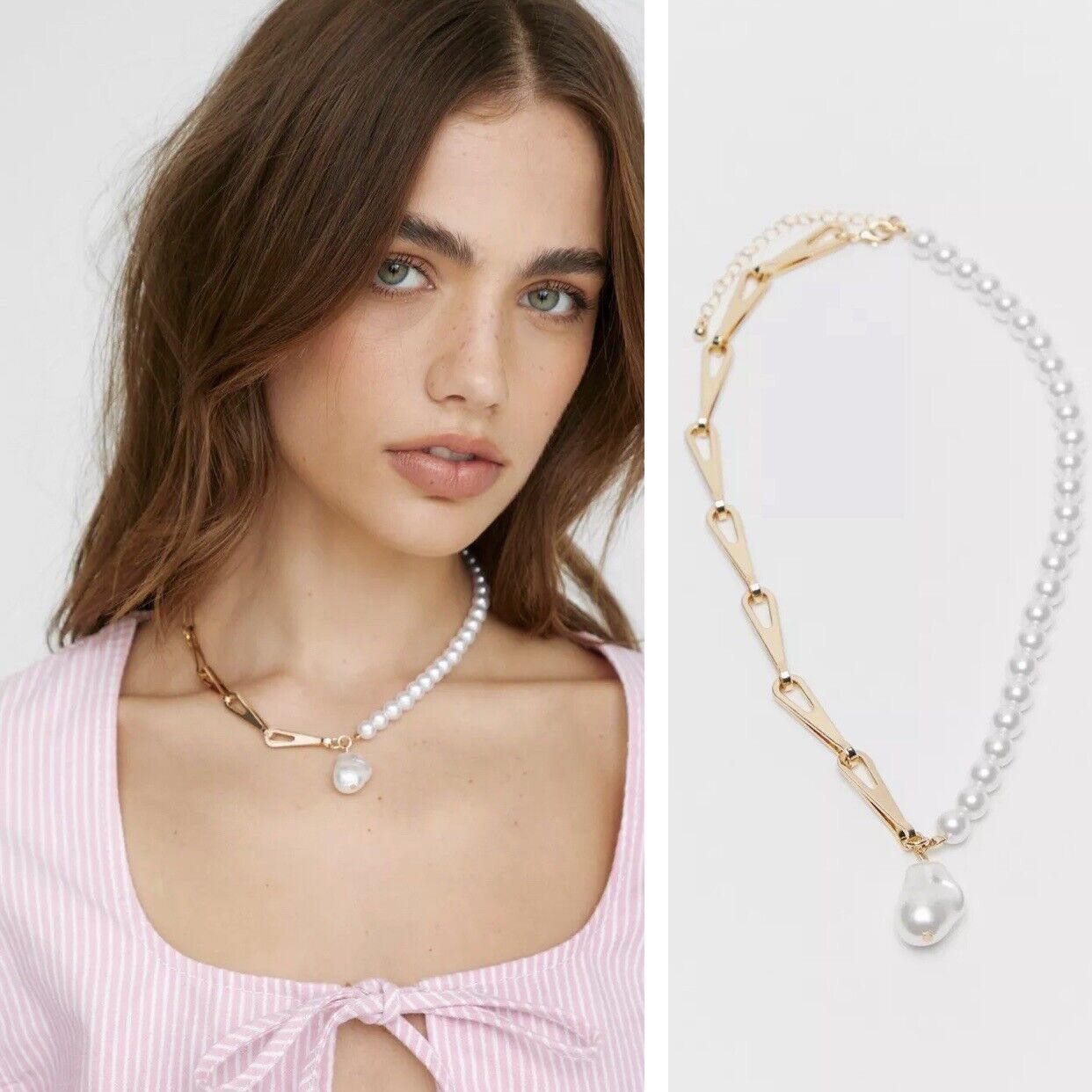 NEW Anthropologie Abstract Pearl & Gold Chunky Chain Necklace Choker Jewelry