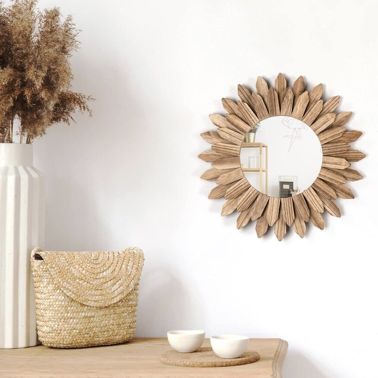 NEW Anthropologie Round Mirror Sunburst Wood Boho Wall Hanging Decor - 12” Diam