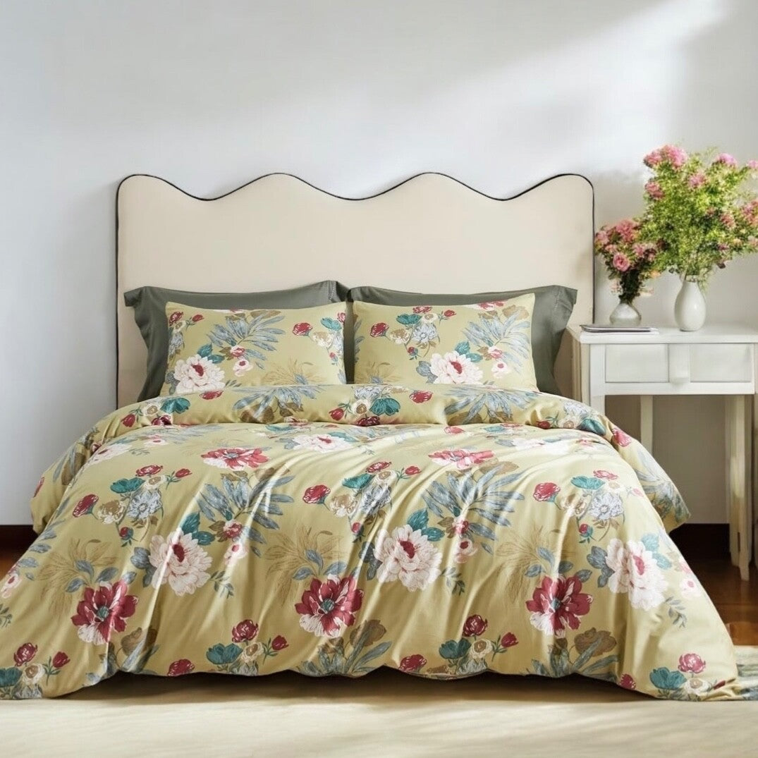 NEW Yellow Red Floral 100% Egyptian Cotton Boho Queen Bedding Duvet & Sham Set